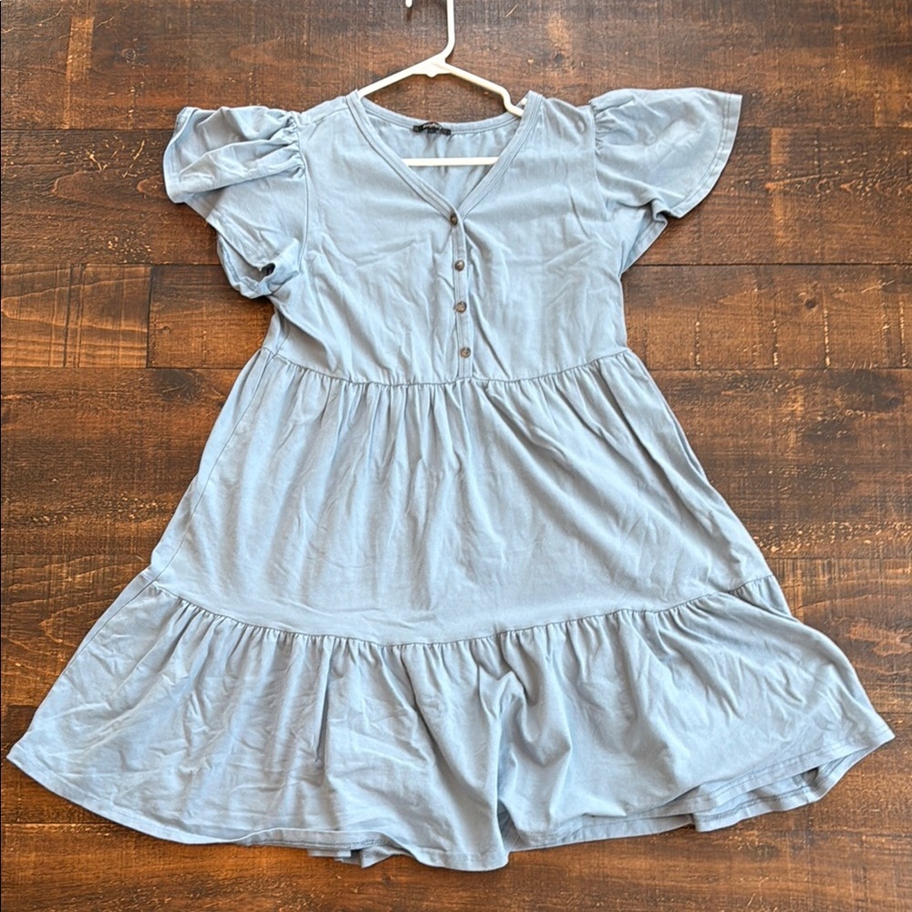 Light Blue V-Neck Tiered Mini Dress with Button Front